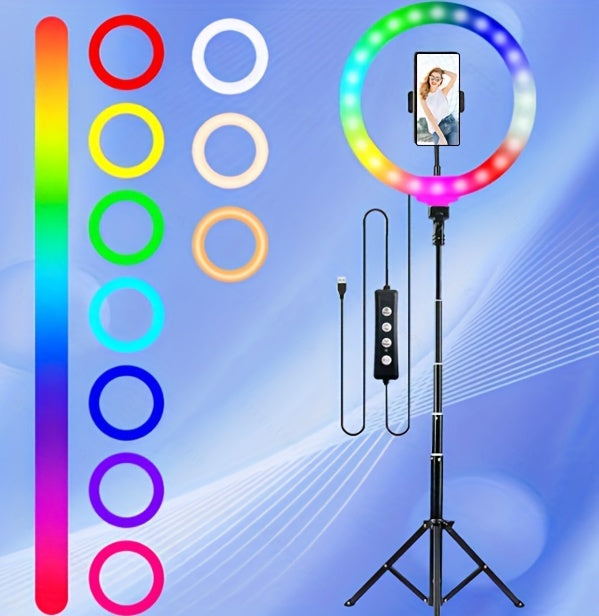1pc 10" Ring Light With Stand 62'' Tall & Phone Holder, 38 Color Modes Selfie Ring Light With Tripod Stand, Stepless Dimmable/Speed LED Ring Light