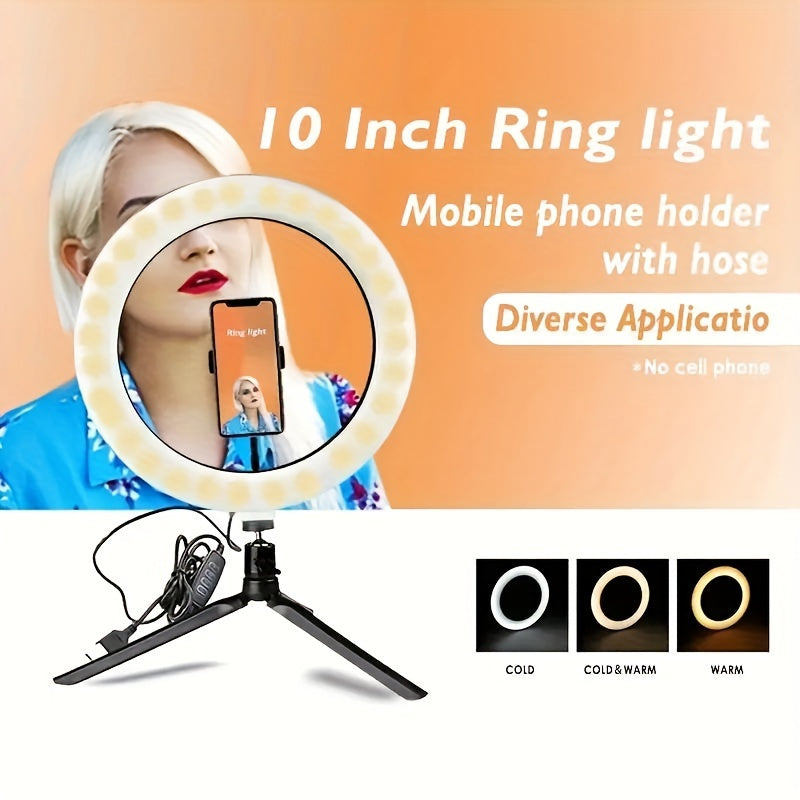 10 Inch LED Ring Light with Adjustable Tripod, Phone Holder, and Dimming Function for YouTube, Photography, Selfies, Vlog, Makeup, and Live Streaming