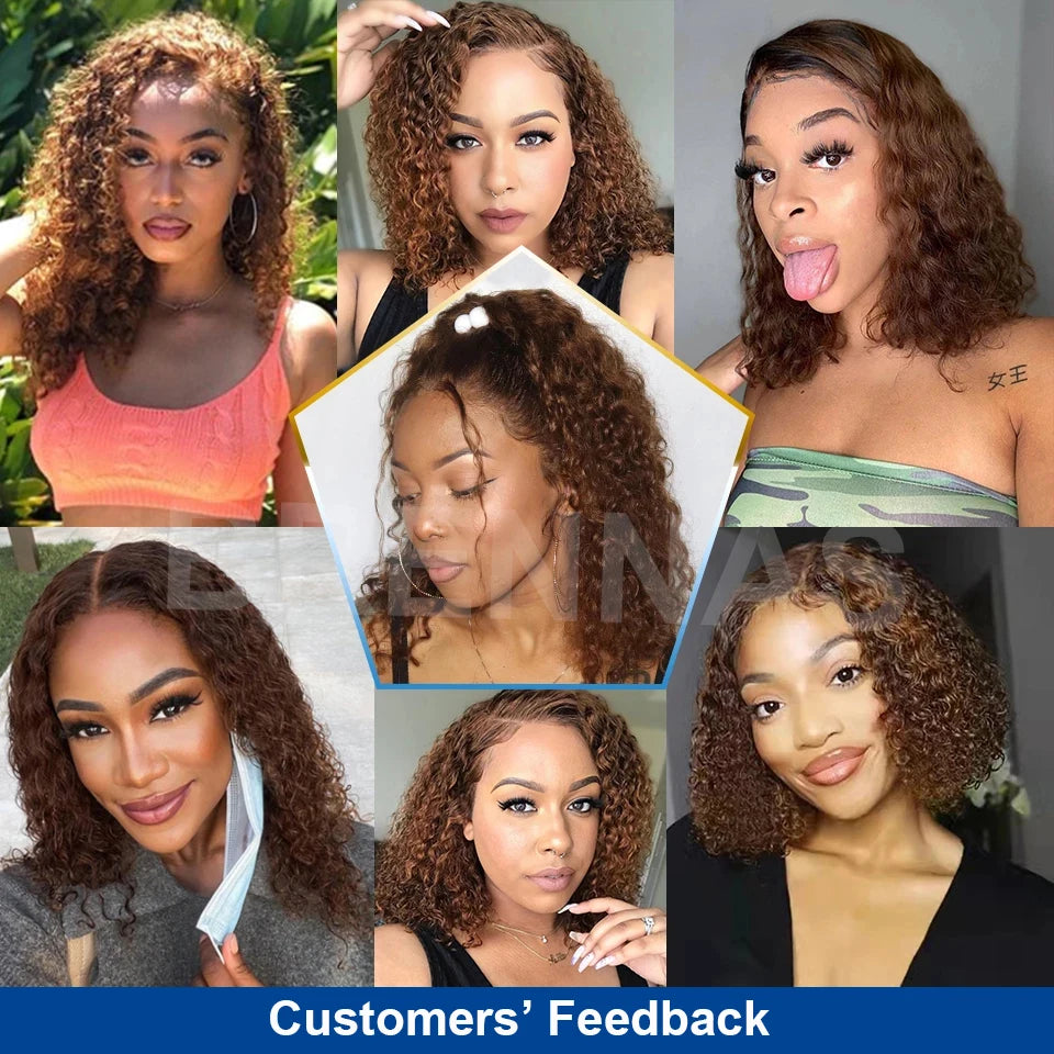 #4 Deep Curly Short Bob Wigs Human Hair Colored 13×4 Lace Front Human Hair Wig Chocolate Brown 250% Density Kinky Curly Bob Wigs