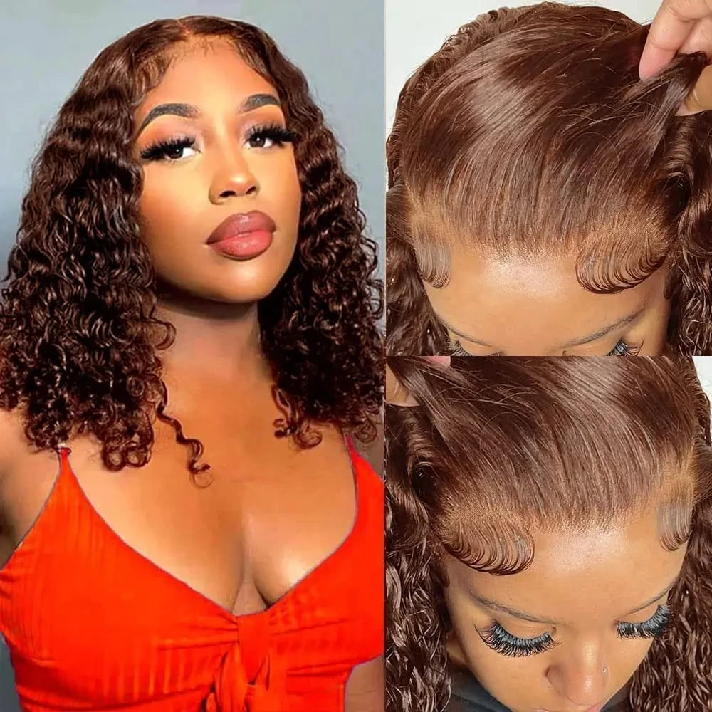 #4 Deep Curly Short Bob Wigs Human Hair Colored 13×4 Lace Front Human Hair Wig Chocolate Brown 250% Density Kinky Curly Bob Wigs