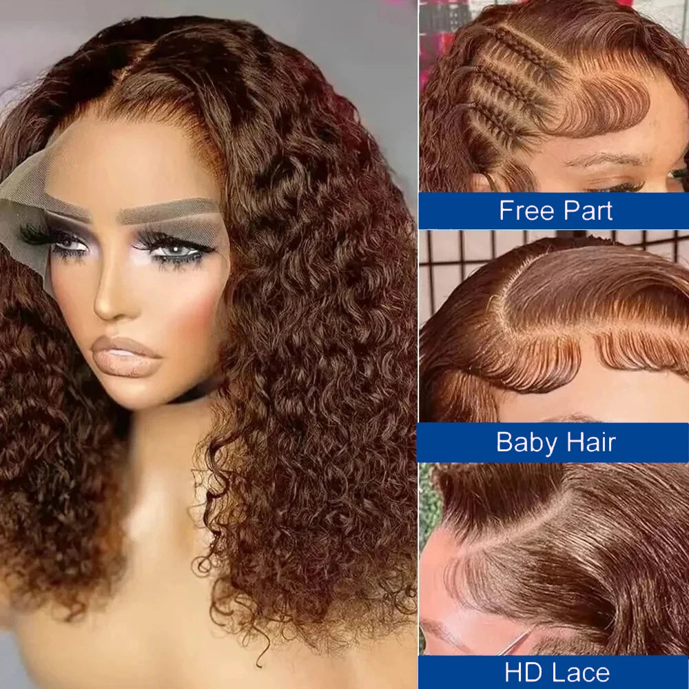 #4 Deep Curly Short Bob Wigs Human Hair Colored 13×4 Lace Front Human Hair Wig Chocolate Brown 250% Density Kinky Curly Bob Wigs