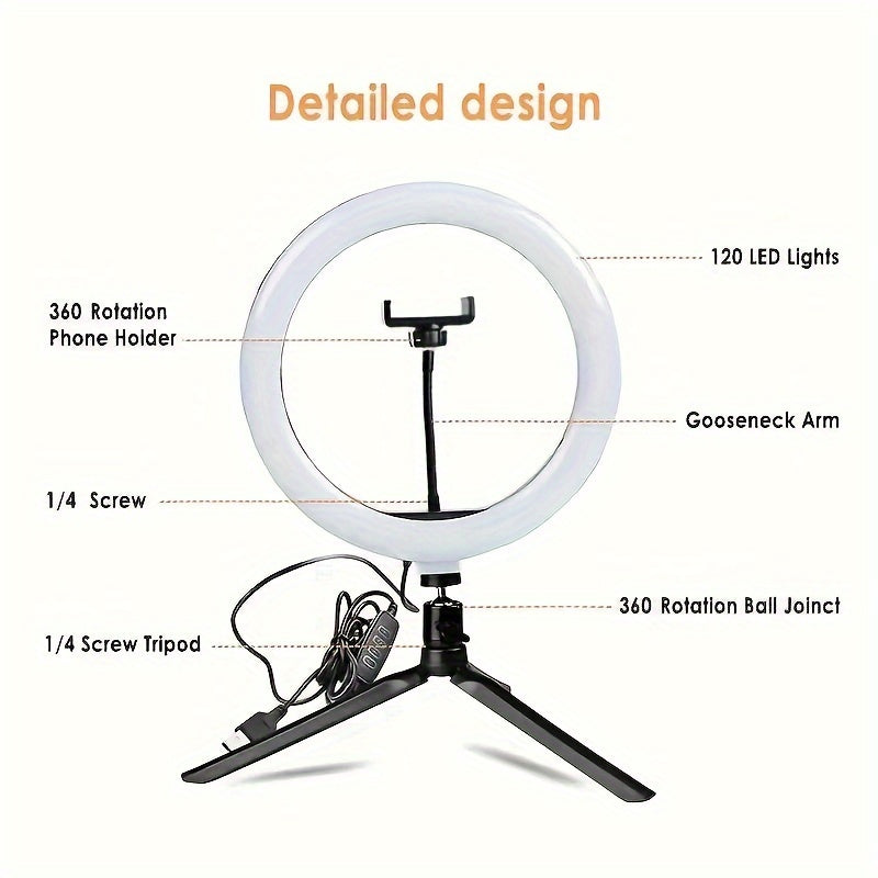 10 Inch LED Ring Light with Adjustable Tripod, Phone Holder, and Dimming Function for YouTube, Photography, Selfies, Vlog, Makeup, and Live Streaming