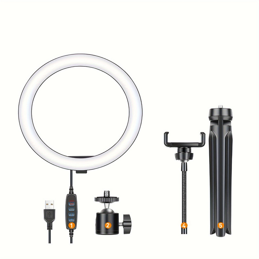 10 Inch LED Ring Light with Adjustable Tripod, Phone Holder, and Dimming Function for YouTube, Photography, Selfies, Vlog, Makeup, and Live Streaming