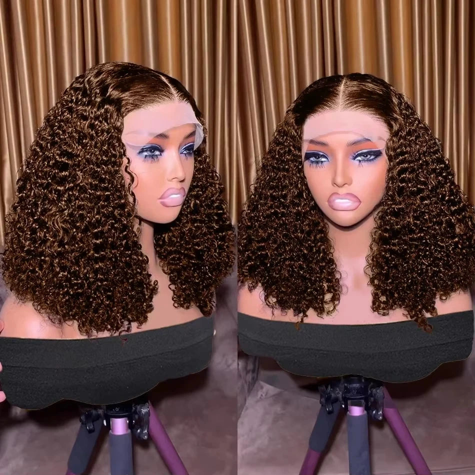 Brown Bob Wigs Jerry Curly Bob Wigs 13x4 Lace Frontal Wig Remy Human Hair Wig Deep Wave Bob Wigs Brazilian Remy Hair for Women
