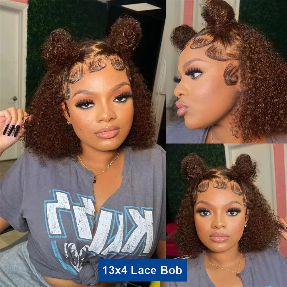#4 Deep Curly Short Bob Wigs Human Hair Colored 13×4 Lace Front Human Hair Wig Chocolate Brown 250% Density Kinky Curly Bob Wigs