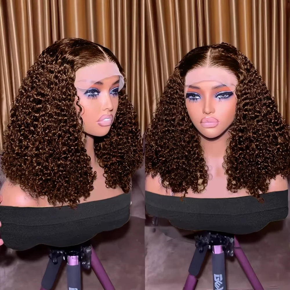 #4 Deep Curly Short Bob Wigs Human Hair Colored 13×4 Lace Front Human Hair Wig Chocolate Brown 250% Density Kinky Curly Bob Wigs