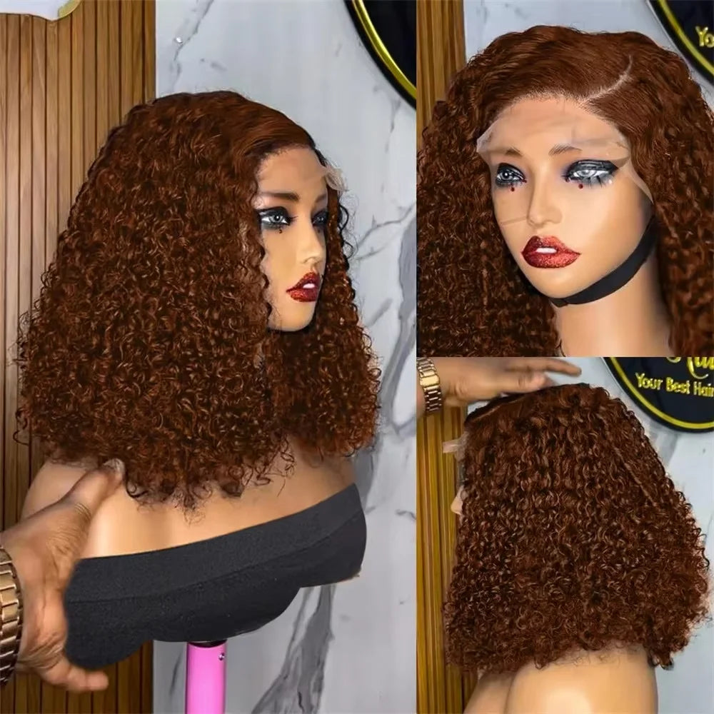#4 Deep Curly Short Bob Wigs Human Hair Colored 13×4 Lace Front Human Hair Wig Chocolate Brown 250% Density Kinky Curly Bob Wigs