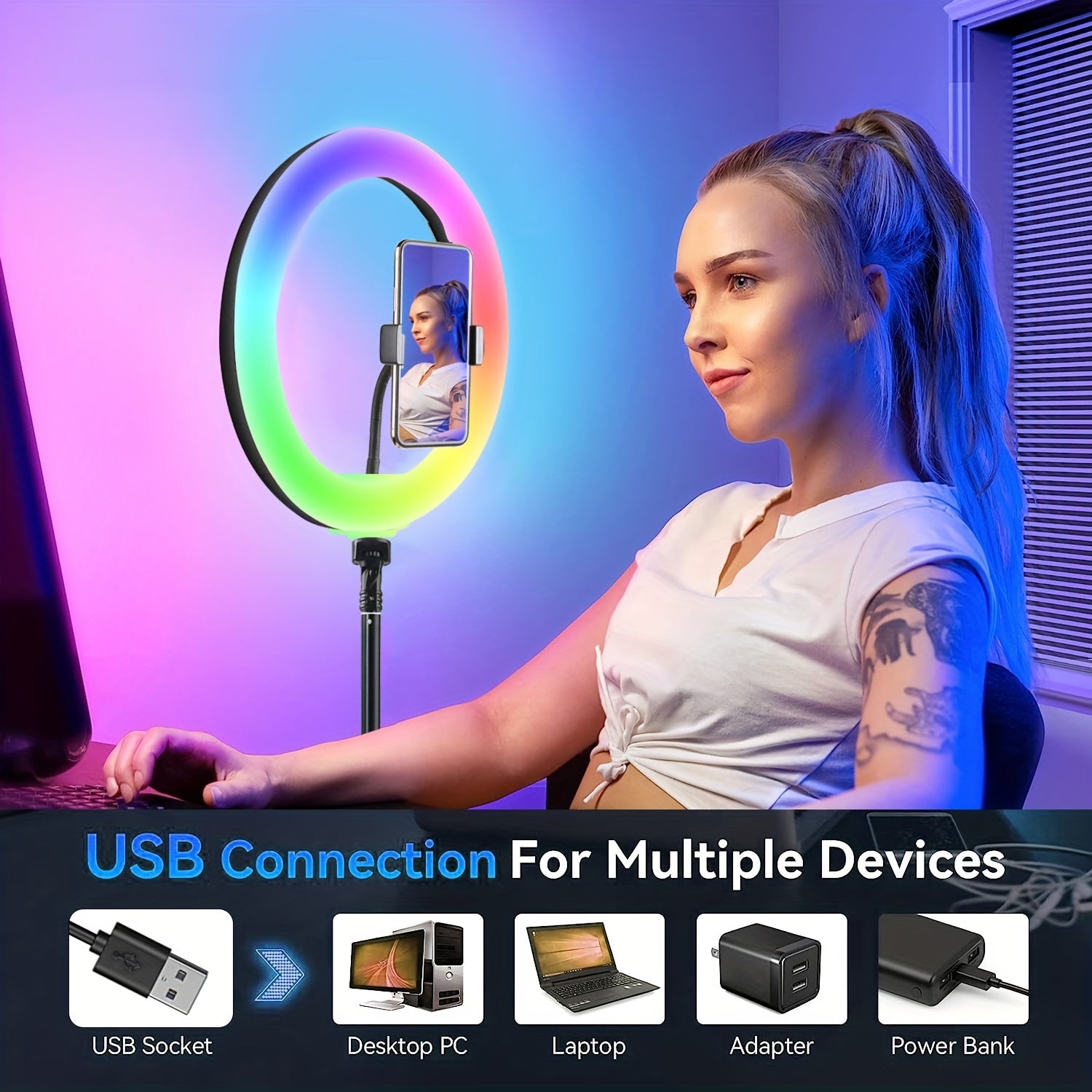 1pc 10" Ring Light With Stand 62'' Tall & Phone Holder, 38 Color Modes Selfie Ring Light With Tripod Stand, Stepless Dimmable/Speed LED Ring Light