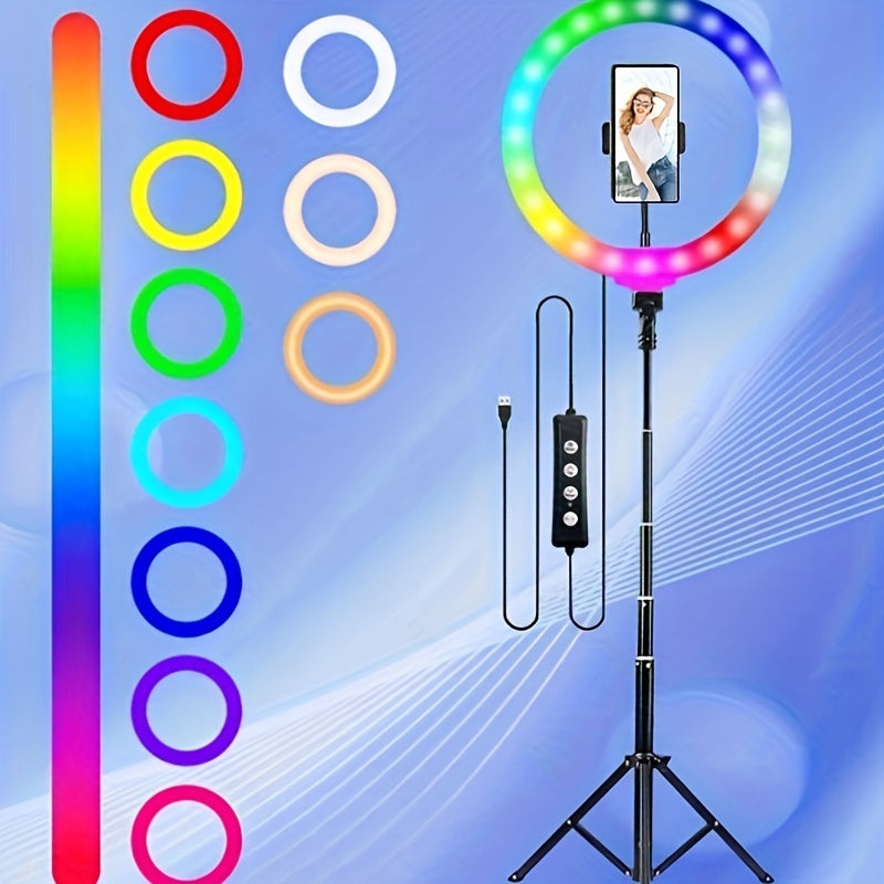 1pc 10" Ring Light With Stand 62'' Tall & Phone Holder, 38 Color Modes Selfie Ring Light With Tripod Stand, Stepless Dimmable/Speed LED Ring Light
