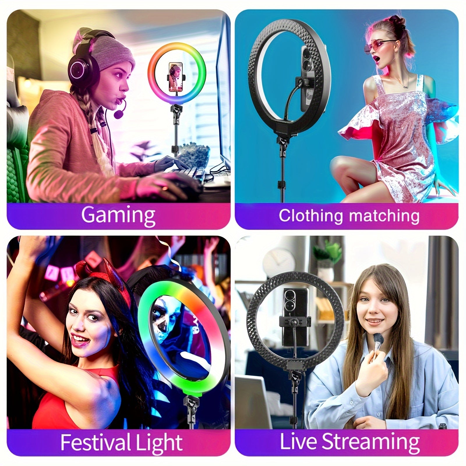 1pc 10" Ring Light With Stand 62'' Tall & Phone Holder, 38 Color Modes Selfie Ring Light With Tripod Stand, Stepless Dimmable/Speed LED Ring Light